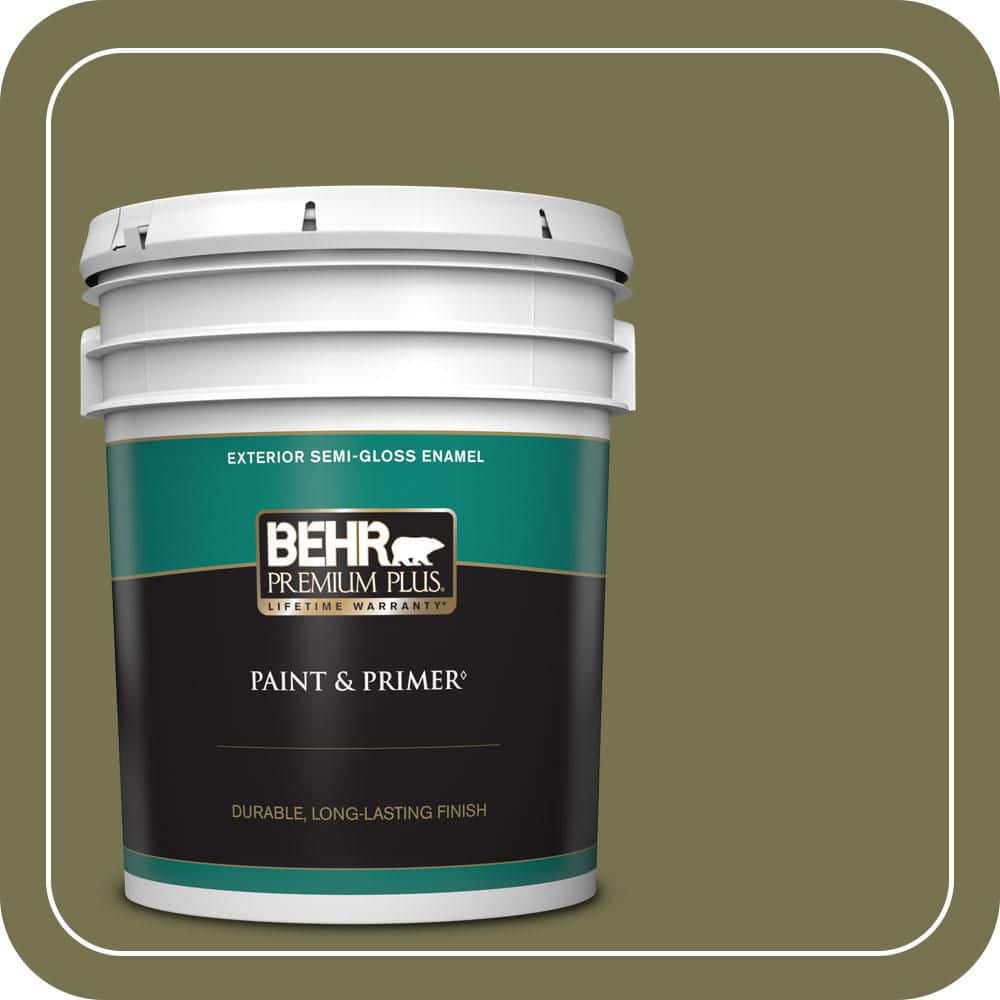 BEHR PREMIUM PLUS 5 gal. #S350-6 Truly Olive Semi-Gloss Enamel Exterior Paint & Primer