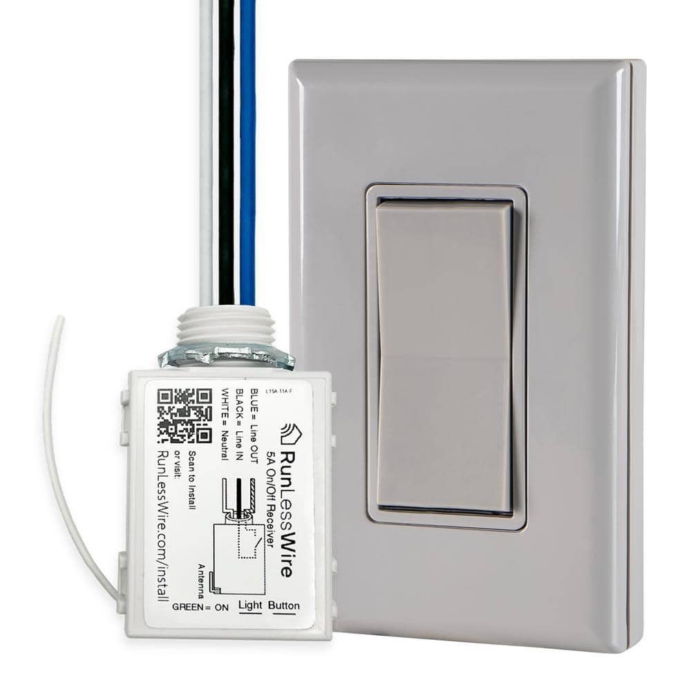 RunLessWire Battery-Free Wireless Light Switch Kit, Single Pole: 1 Remote Switch Controls 1 On/Off 5amp Receiver - Gray (1)