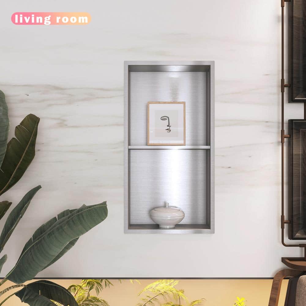 Hpeytaire 25 in. W x 13 in. H x 4 in. D Double Shelf Bathroom Recessed Shower Niche in Brushed Nickel (2)