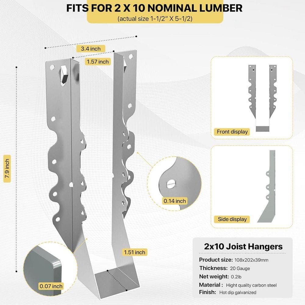 KIWDZFU 2 x 10 Galvanized 20-Gauge Joist Hangers Double Shear Face Mount Hurricane Ties Bracket for Floor Deck, Ceiling 20-Pack (2)