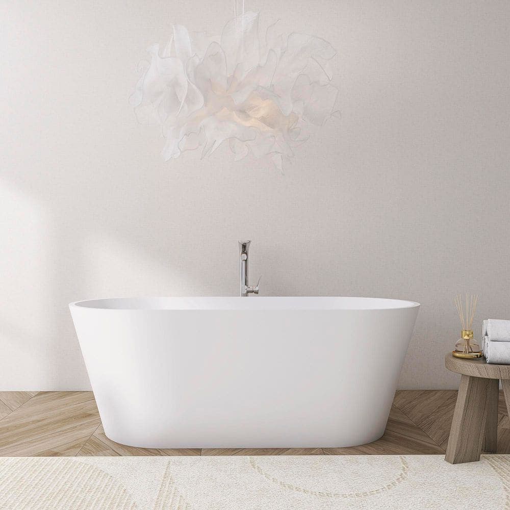 WELLFOR 63 in. x 29.5 in. Artificial Stone Soaking Bathtub in Matte White Solid Surface with Overflow and Pop-up Drain (1)