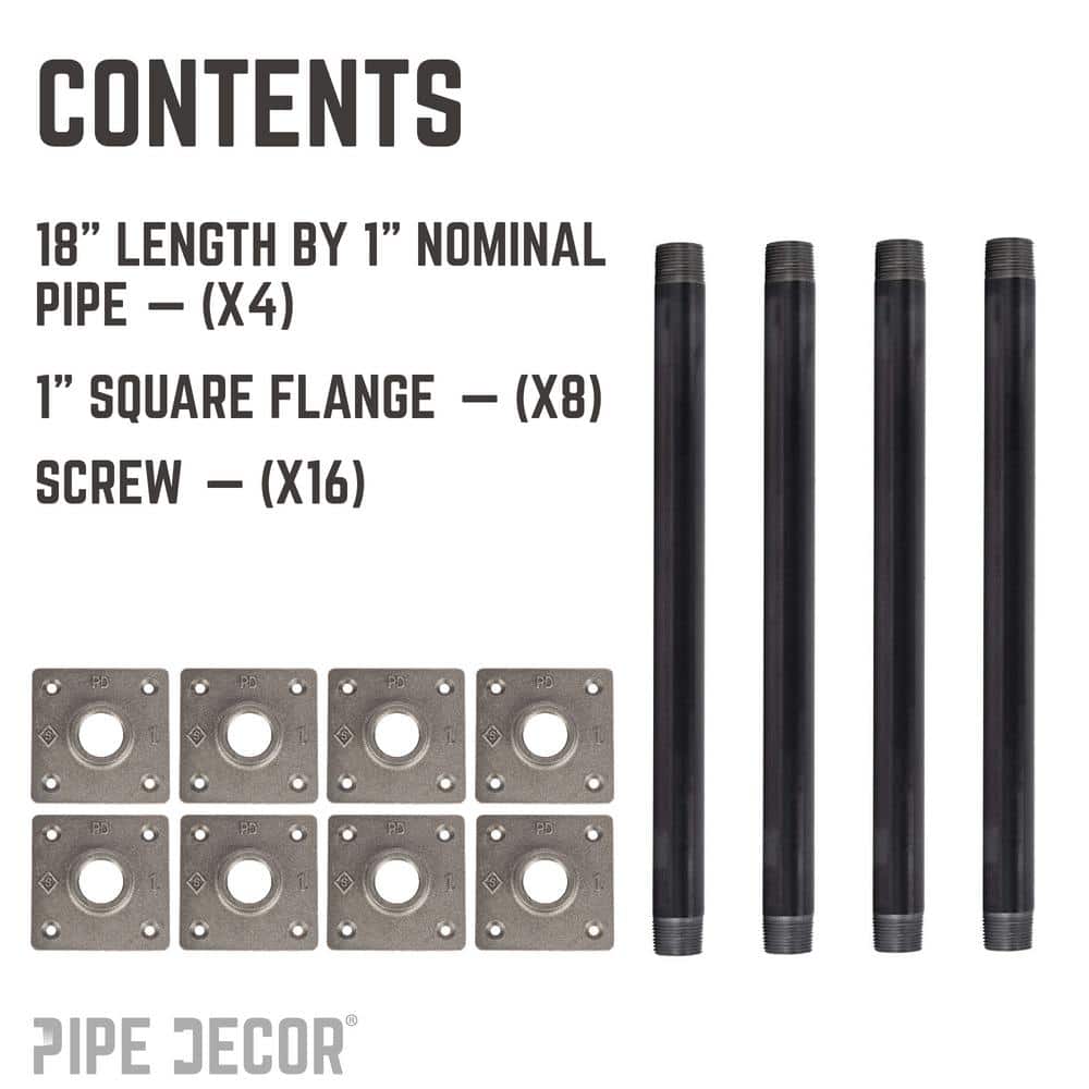 PIPE DECOR 1 in. x 1.5 ft. L Black Steel Pipe Square Flange Table Leg Kit (Set of 4) (2)