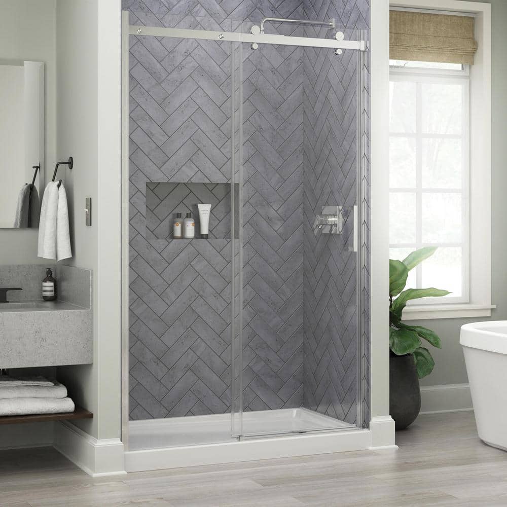 Delta Commix 54-3/8 to 60 in. W 76 in. H Frameless Exposed Roller Sliding Shower Door Gold with 5/16 in. Glass