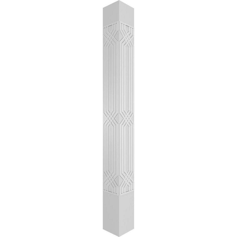Ekena Millwork 7-5/8 in. x 9 ft. Premium Square Non-Tapered Atlas Fretwork PVC Column Wrap Kit w/Tuscan Capital and Base (3)