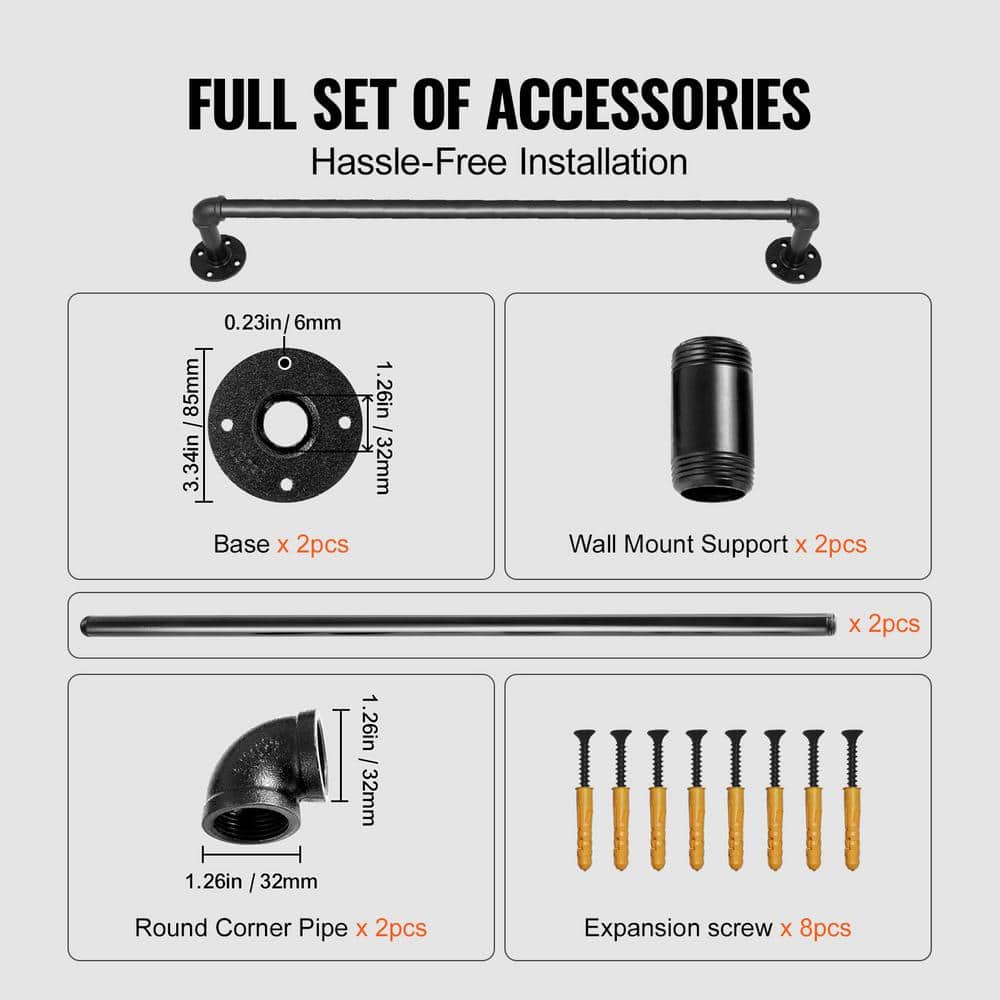SVOPES Wall Mount Pipe Stair Handrail, 3 ft. Staircase Handrail, 35.43 in. H x 3.74 in. W, Black Carbon Steel Stair Railing Kit (3)