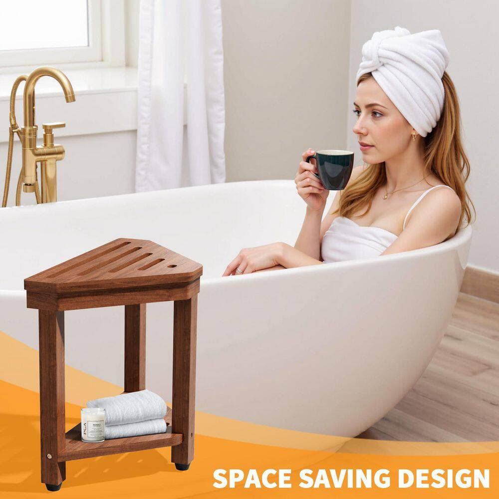 Wudkey 15 in Shower Foot Rest, Acacia Shower Stool for Shaving Legs, Corner Bath Shower Bench with Starage Shelf in Brown (3)