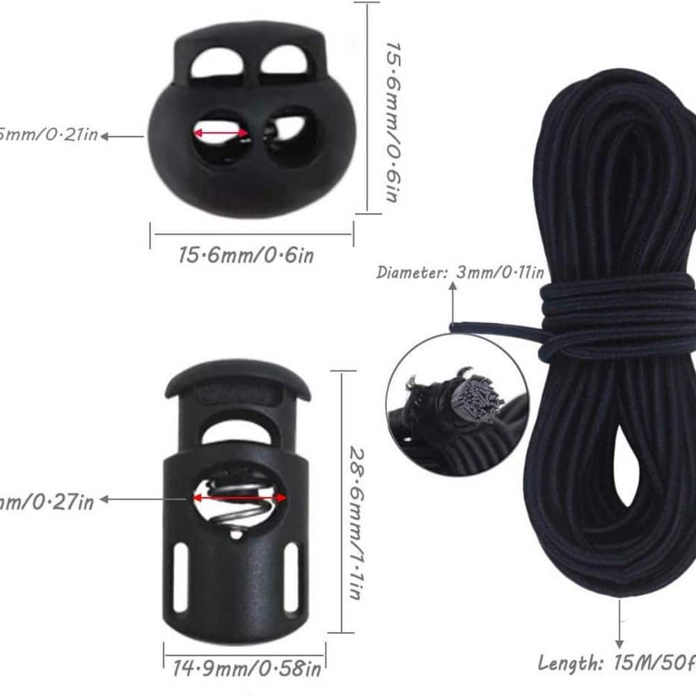 Lukyamzn 20 Pieces Plastic Cord Locks with 50 ft. Elastic Cord, 10 Single-Hole 10 Double-Hole Black (2)