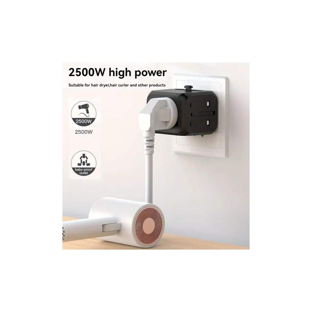 Adrinfly 1-Outlet Foldable Universal Travel Plug Adapter with Type C & USB-A, 2500W Power & Multi-Country Compatibility, Black (3)