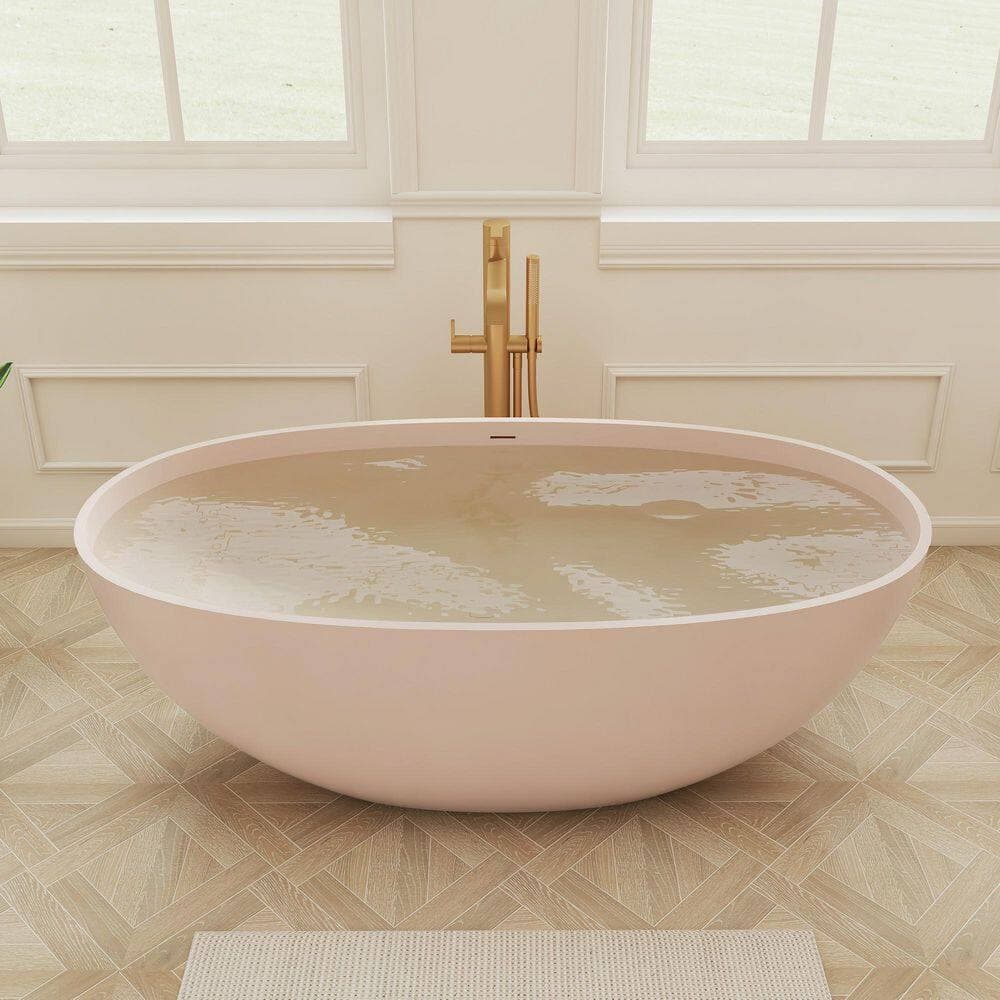 SJ STAR&JANE Ula 61 in. x 29 in. Soaking Bathtub Freestanding Solid Surface Stone Resin Soaking Tub with Center Drain in Pink-Sand (3)