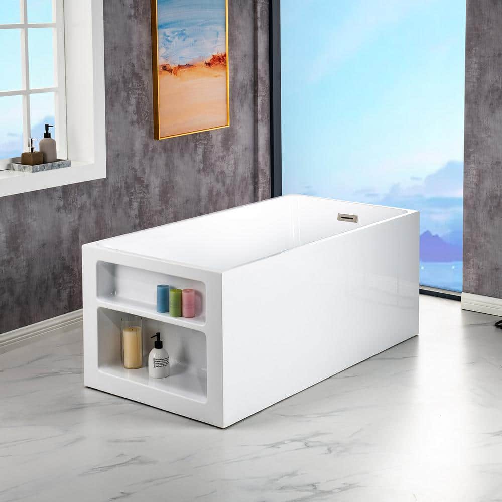 WOODBRIDGE Bradbury 59 in. Acrylic Freestanding Rectange Soaking Bathtub with Drain and Overflow Included in White (3)
