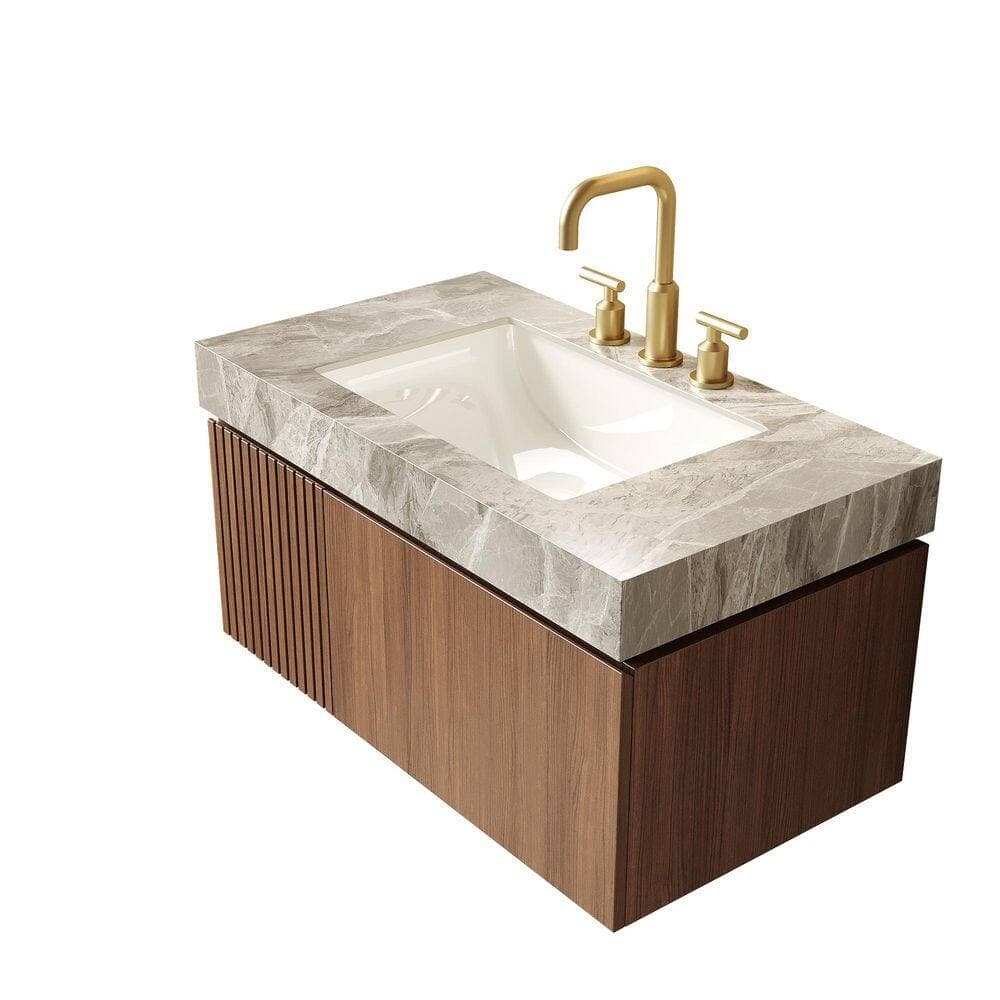 Unbranded 35.83 in. Undermount Bathroom Sink in Light Gray Sintered Stone with Ceramic Basin, 3-Standard Pre-Drilled Faucet Holes (3)