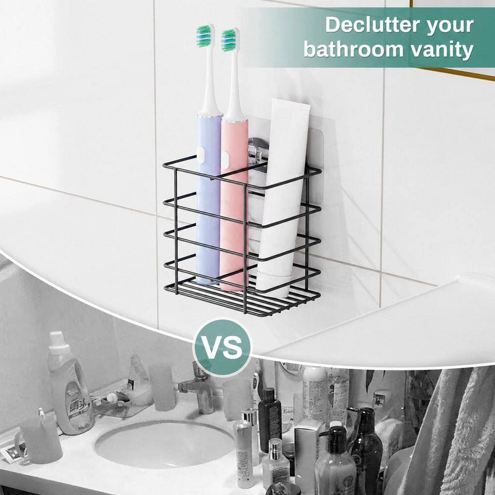 KHKFY Wall-Mounted Adhesive Toothbrush and Toothpaste Holder Caddy with Drainage Slots in Matte Black Finish (3)