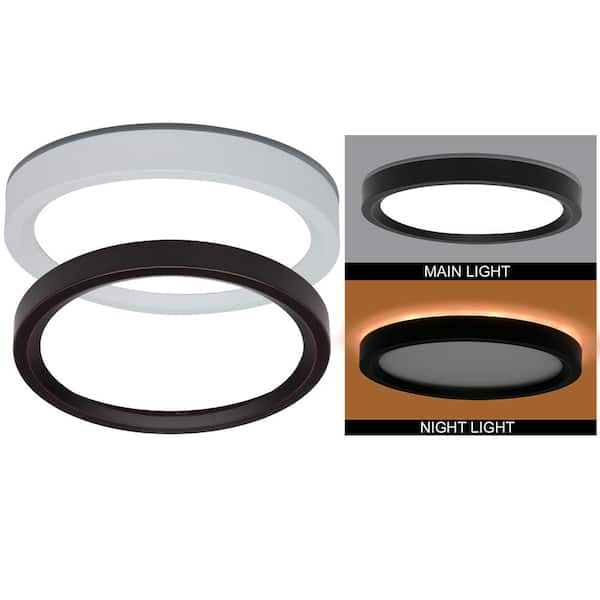 Commercial Electric 7.5 in. Round White Oil Rubbed Bronze Trims LED Flush Mount Ceiling Light Adjustable 3000K 4000K 5000K with Night Light