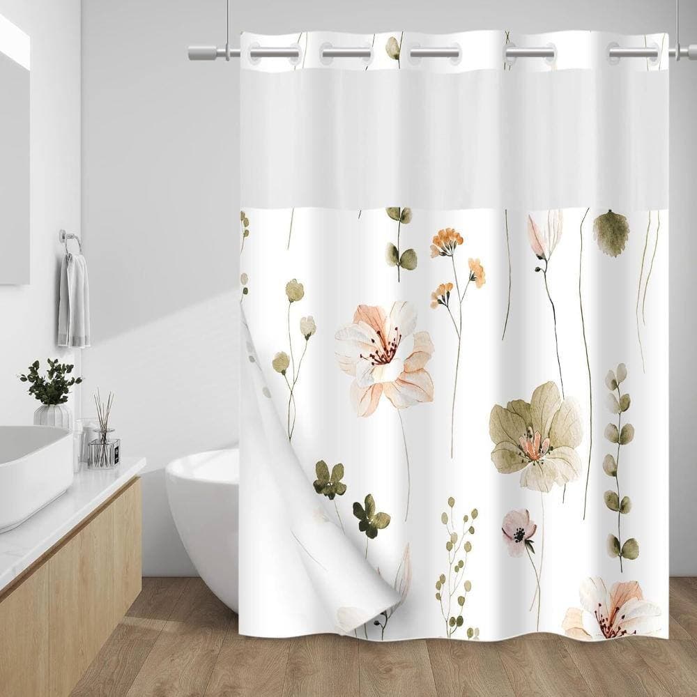 Unbranded Floral No-Hook Shower Curtain with Snap-In Liner,Blush (3)