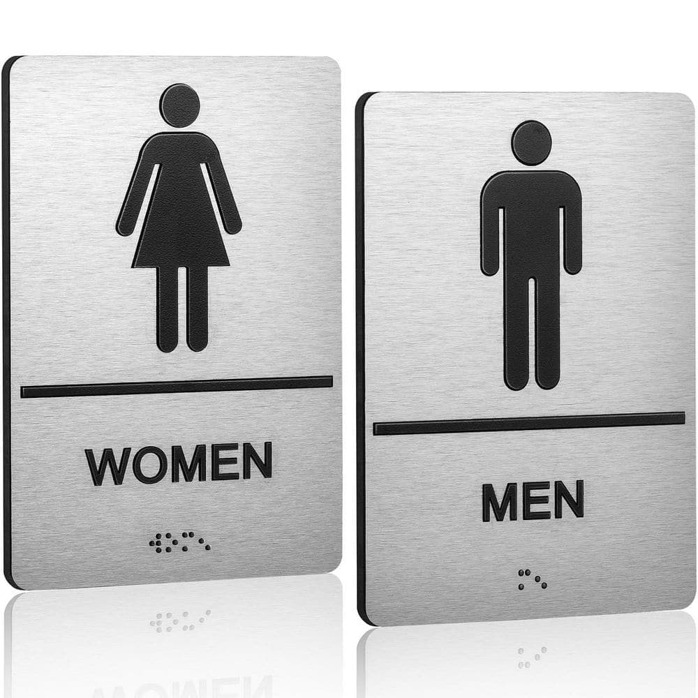 LAIFUCAM 2 Piece Set Brushed Aluminum ADA Self-Adhesive Raised Braille Restroom Signs for Men and Women Bathroom Door (1)