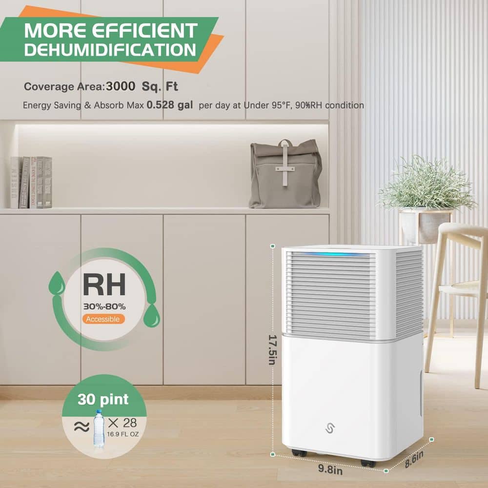 Edendirect 30 pt. 3,000 sq. ft. Dehumidifier for Basement in White with Bucket, Drain Hose, with Timer, 35dB Quiet Dry (2)