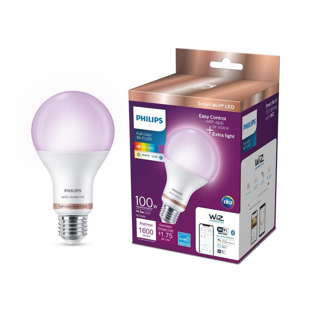 Philips 100-Watt Equivalent A21 LED Smart Wi-Fi Color Changing 2700 (K) Light Bulb powered by WiZ with Bluetooth (1-Pack) (2)