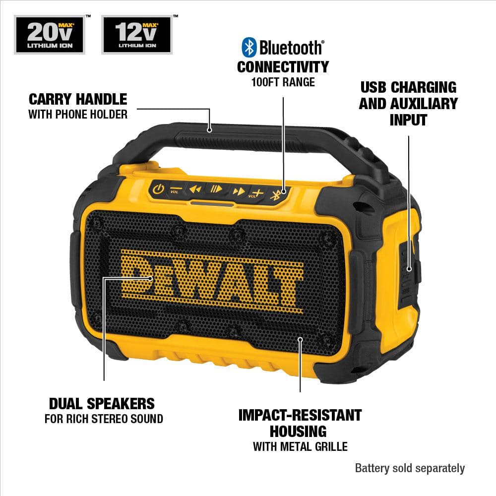 DEWALT 20V MAX Bluetooth Speaker, (1) 20V MAX Compact Lithium-Ion 3.0Ah Battery, and 12V-20V MAX Charger (3)