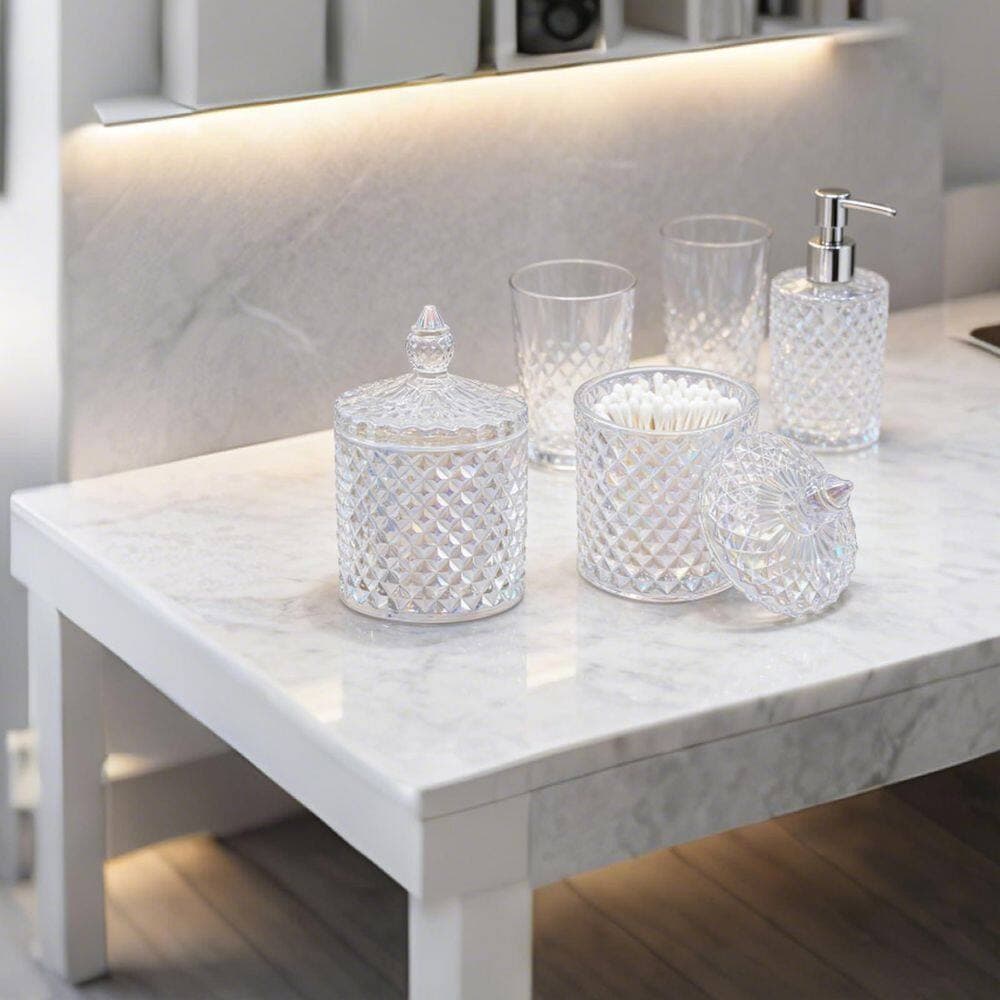 KHKFY Set of 2 Glass Cotton Swab and Accessory Holders with Diamond-Faceted Walls 3.35 x 5.5 in. MEICHUANG 2-Pieces (2)