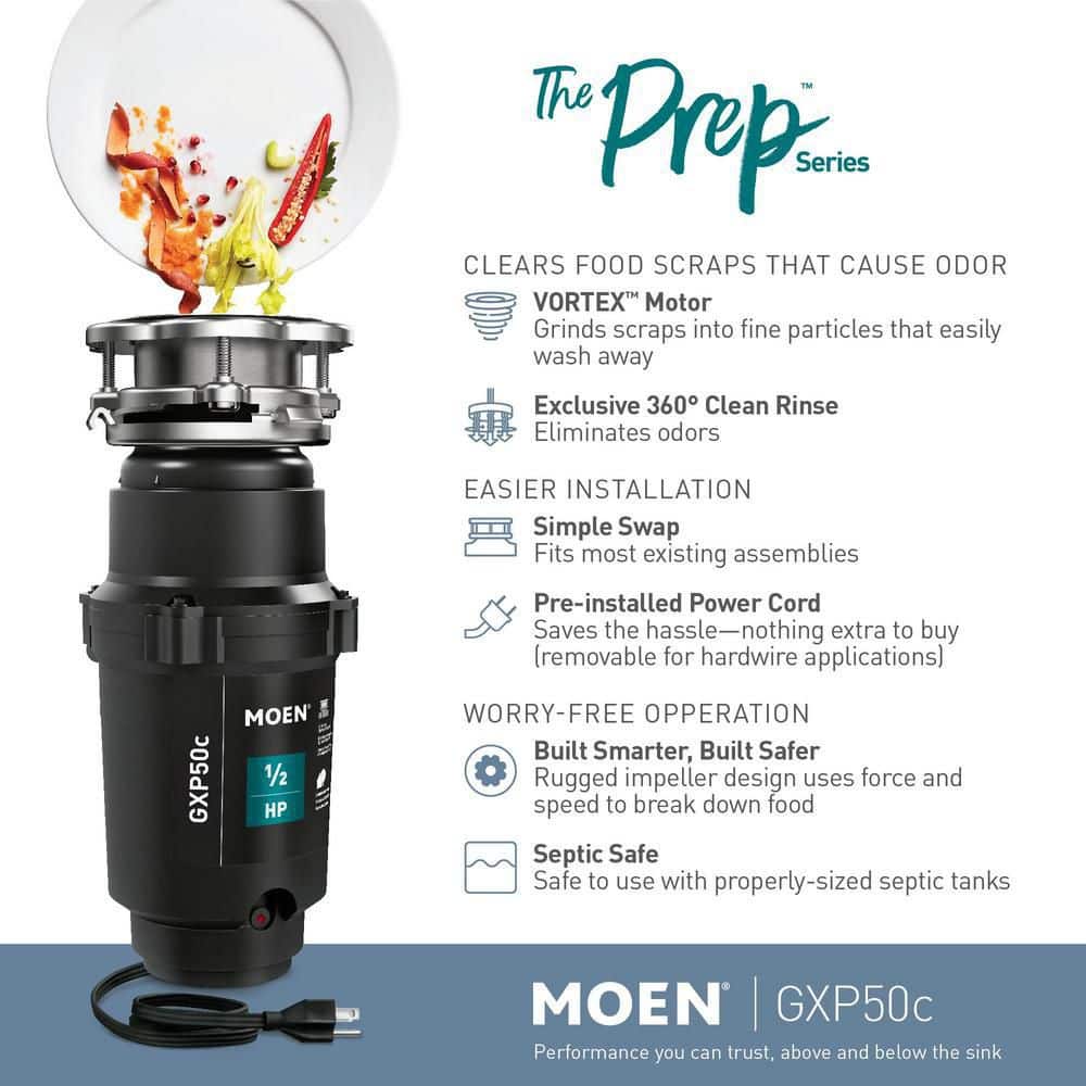 MOEN Prep Series 1/2 HP Continuous Feed Garbage Disposal with Power Cord and Universal Mount (4)
