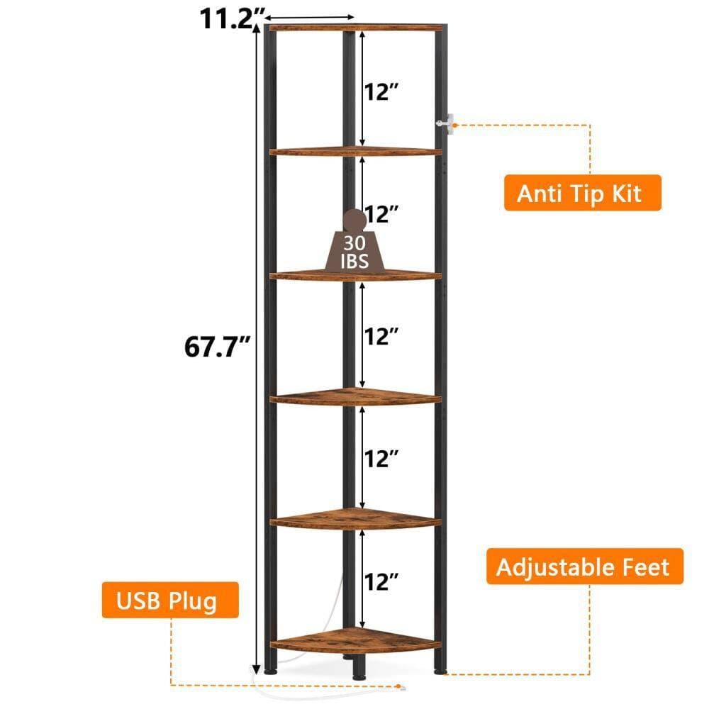 Numhew 6-Tier 11.22 in. D x 11.81 in. W x 67.52 in. H Rectangular Corner Shelf with LED Light, Metal Frame, Wood Shelf, Brown (2)