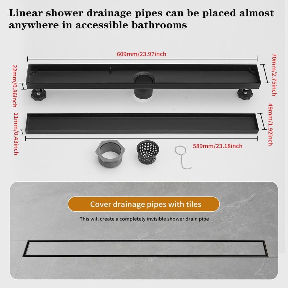 BWE 24 in. Stainless Steel Linear Shower Drain with with Tile Insert Cover Slot Pattern Drain Cover in Matte Black (2)