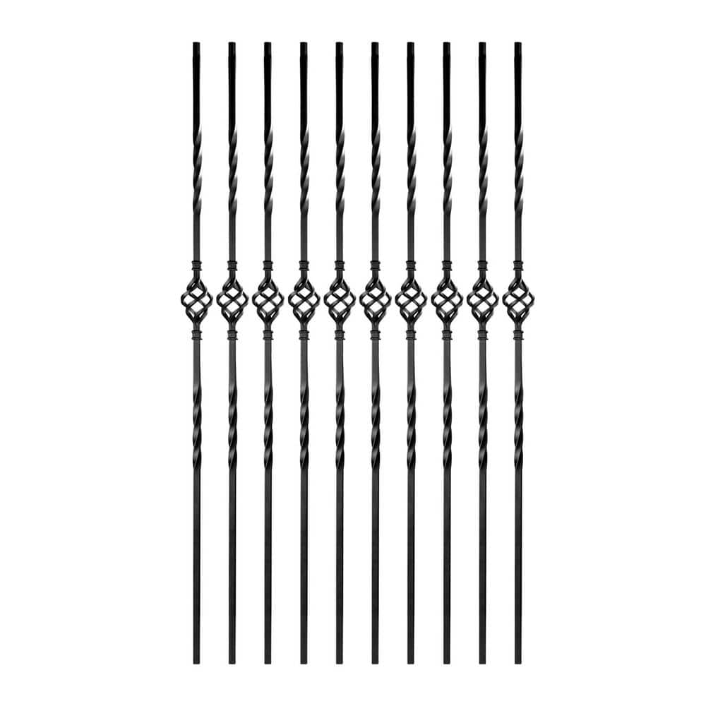 Unbranded 10 Pack 44'' Wrought Iron Balusters Single Basket Twist Stair Metal Spindles Decorative Hollow Black Railing Parts (1)