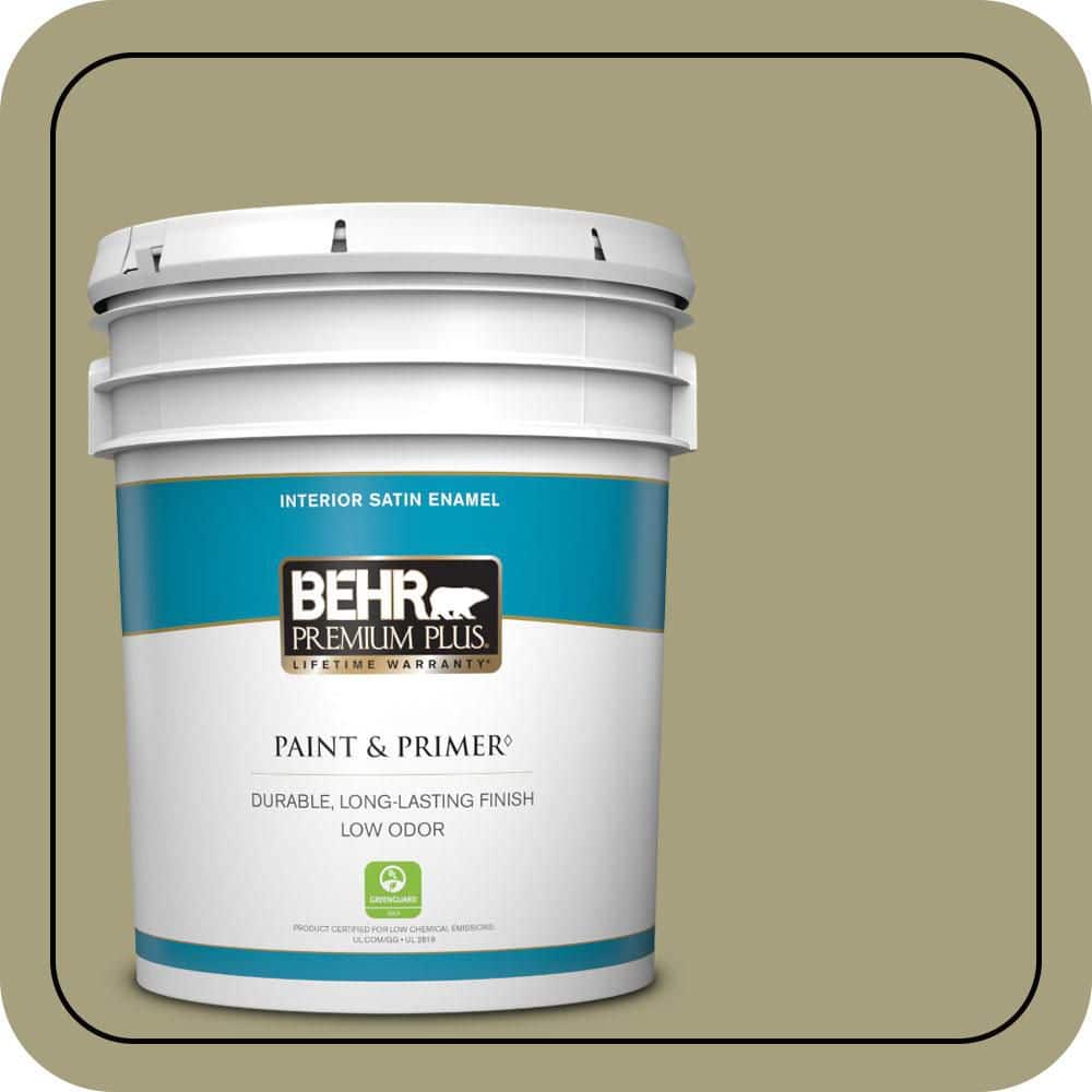 BEHR PREMIUM PLUS 5 Gal. #S350-4A Dried Rosemary Satin Enamel Low Odor Interior Paint and Primer