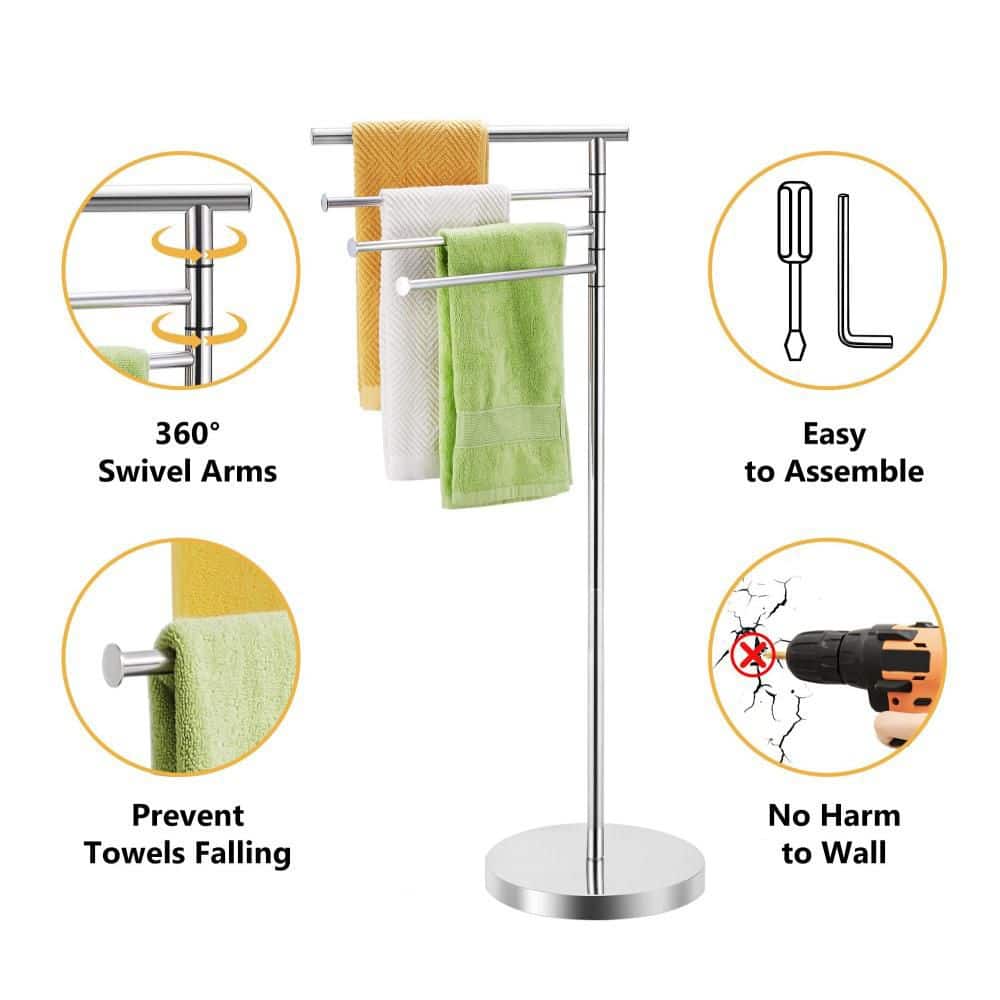 Wudkey Freestanding 4-Bar Towel Rack in Chrome, 15.9 in. Stainless Steel Floor Towel Stand, Bathroom Towel Drying Holder (2)