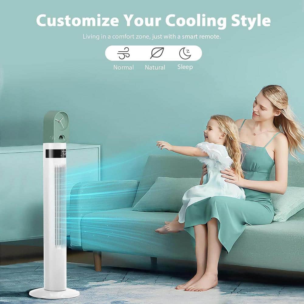 Adrinfly 36 in. 3-Fan Speeds Tower Fan in White Finish with Remote Control Standing Bladeless Timer Oscillating Quiet in White (2)