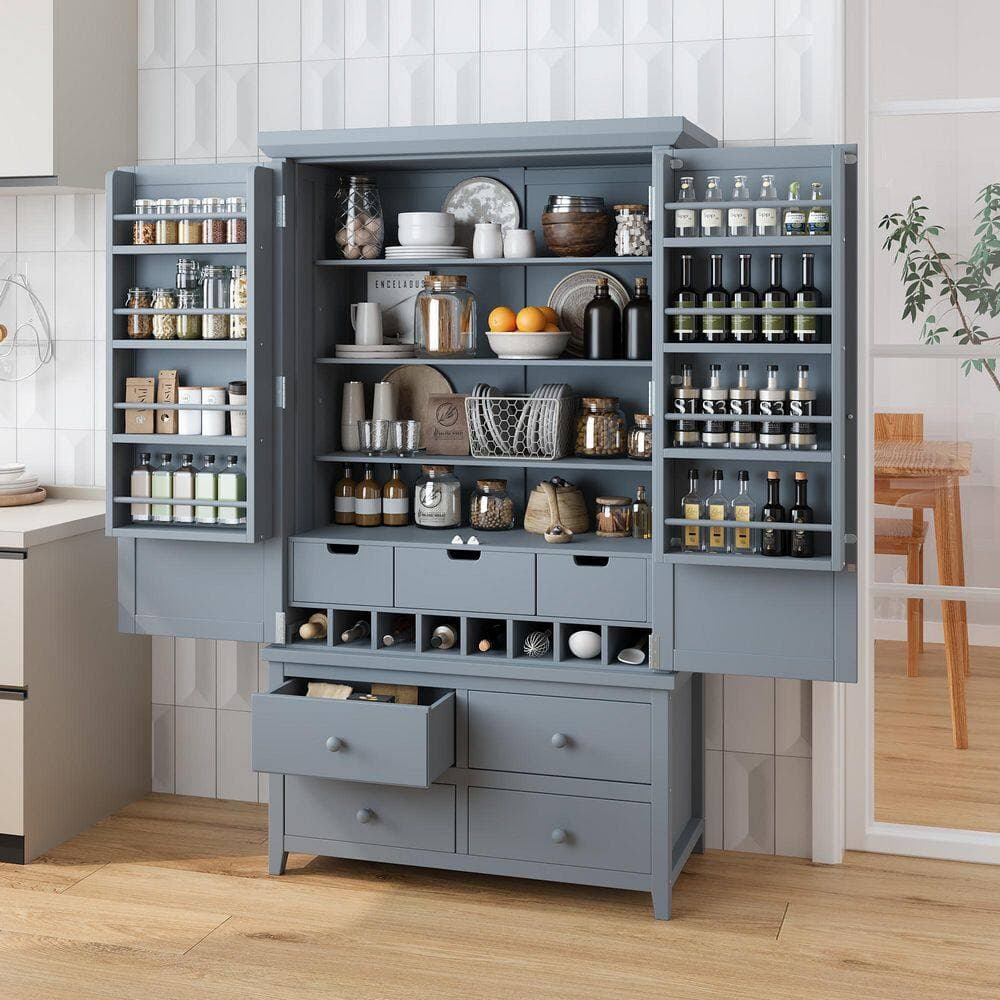 Unbranded 41.3 in. W x 18.7 in. D x 71.1 in. H Gray Linen Cabinet with 8 Door Shelves 3 Adjustable Shelves 7 Drawers 8 Wine Racks (2)