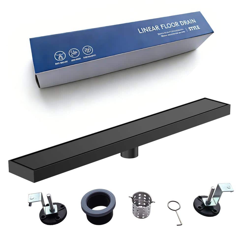 AIMADI 24 Inch Linear Shower Drain With Hair Strainer and Leveling Feet Rectangular Stainless Steel Floor Drain in Matte Black