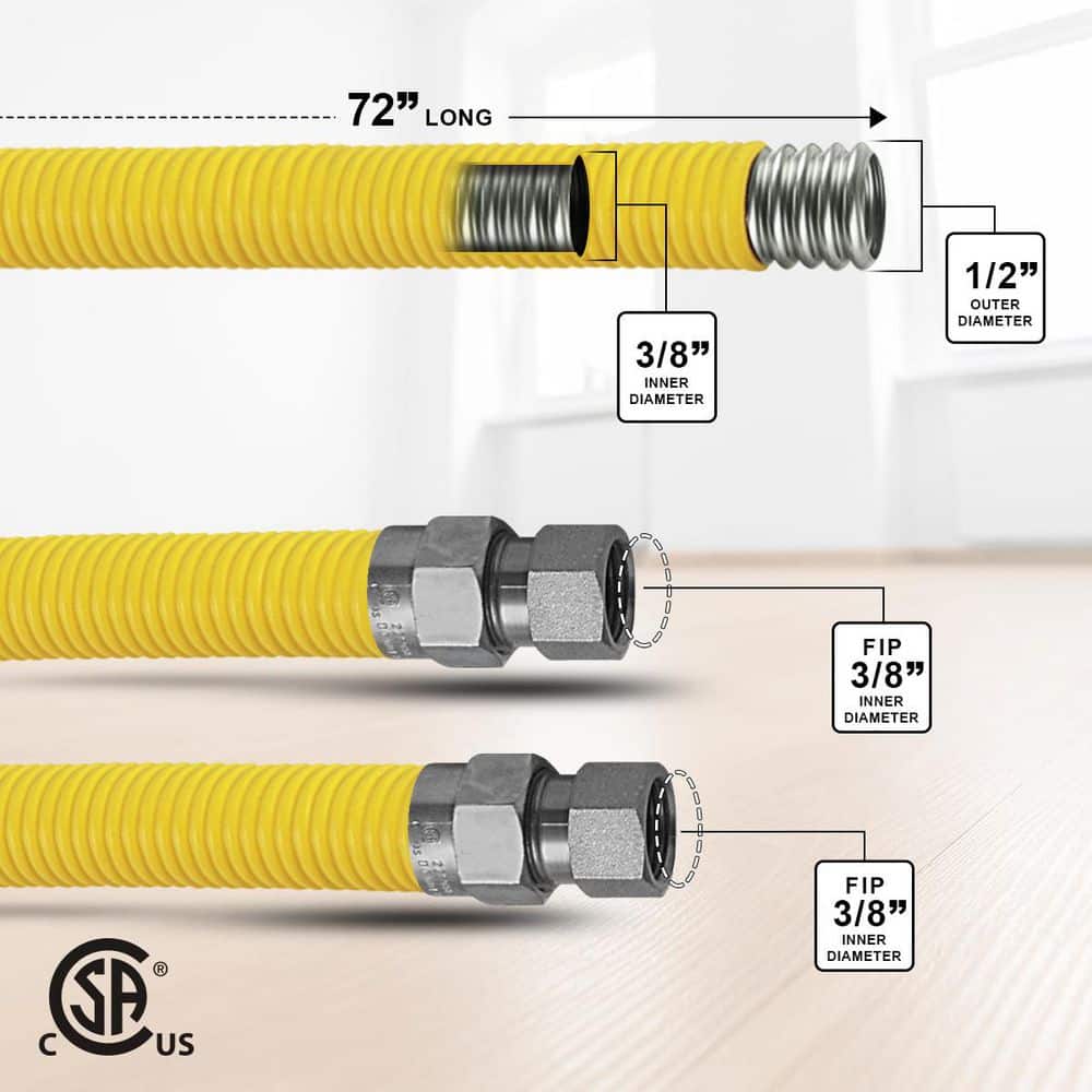 Unbranded 72 in. Gas Connector with Fittings, Yellow Coated Gas Connector, 1/2 in. OD, 3/8 in. FIP x 3/8 in. FIP Connection (2)