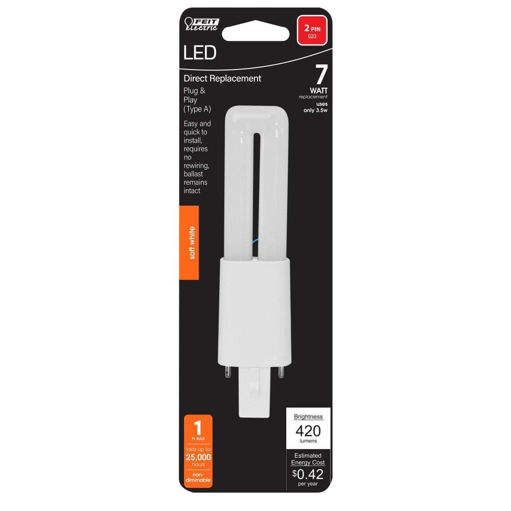 Feit Electric 7-Watt Equivalent PL Twin Tube CFLNI Bi-Pin Plug-In G23 Base CFL Replacement LED Light Bulb, Soft White 2700K (1-Pack) (3)