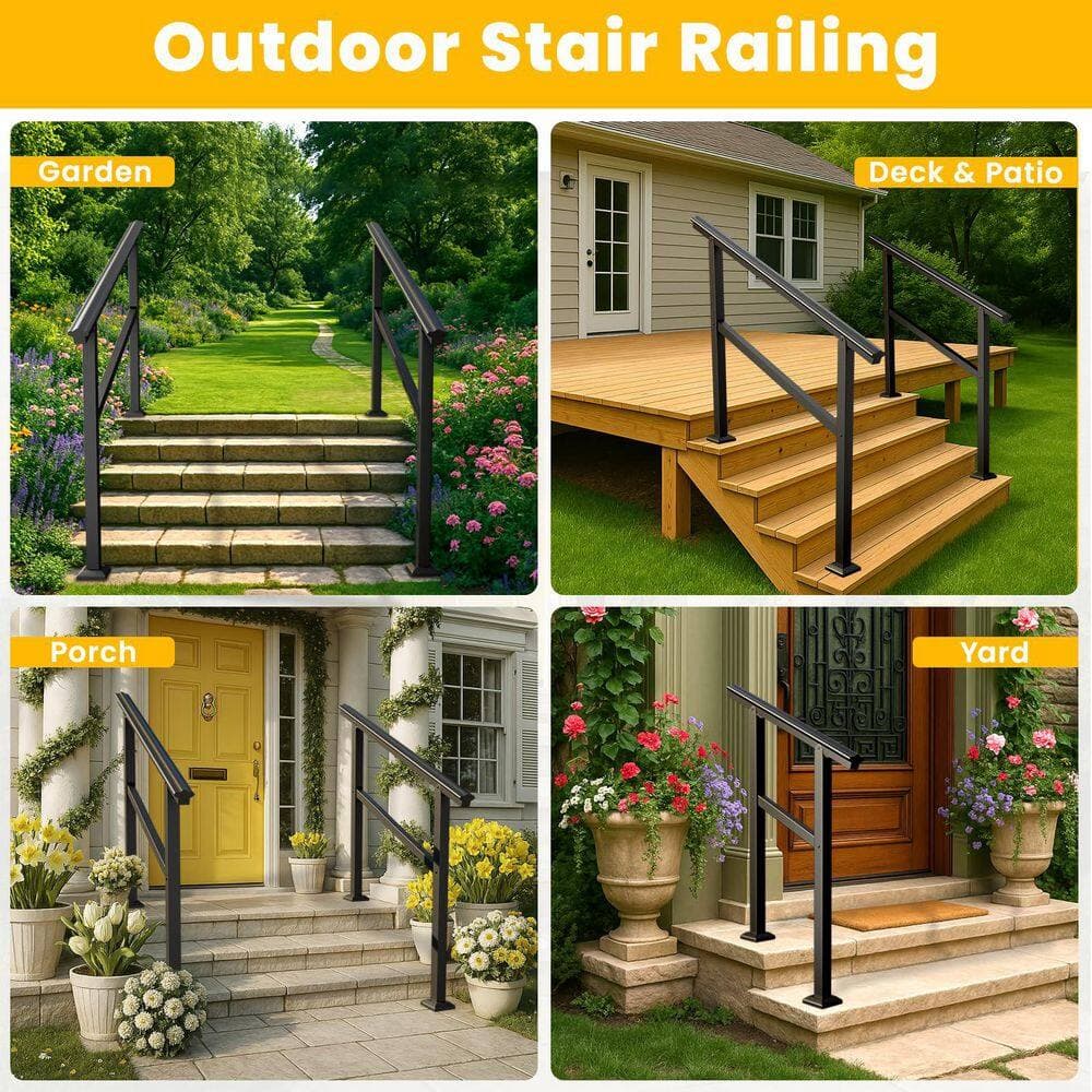 Laybus 60 in. x 34 in. Black Aluminum and Iron Hand Rails for Outdoor Steps, Fits 0 to 5 Steps, Outdoor Steps for Porch Deck (2)