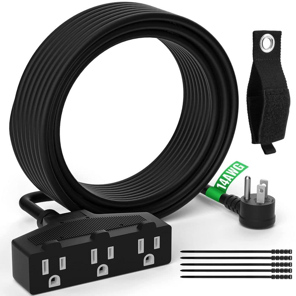 Unbranded 30 ft. 14/3 SJTW 3-Conductor 15 Amp 125V 1875W Indoor Outdoor Extension Cord with Tri-Tap 3 Outlets Black (1)
