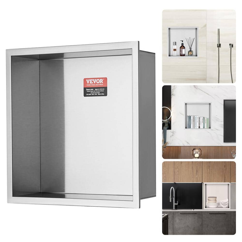 VEVOR 13 in. W x 13 in. H x 4 in. D 304 Stainless Steel Shower Niche in Black Wall-Inserted Niche Recessed Double Shelves (2)