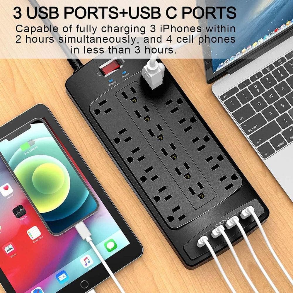 Lukyamzn 18-Outlets Power Strip 6 ft. Extension Cord 4 USB Ports Heavy Duty Surge Protector 2100 Joules ETL Listed Black (3)