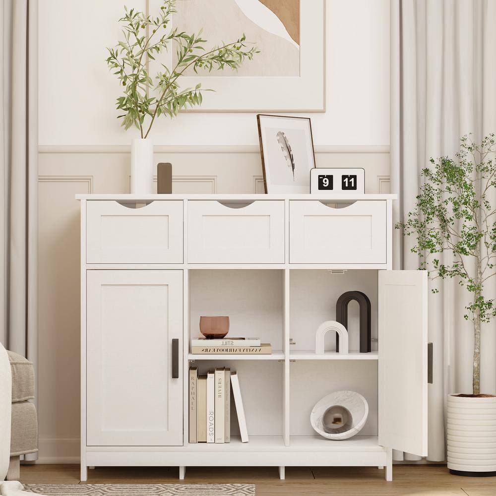 COWLOWN 35.40 in. W x 11.80 in. D x 31.10 in. H White Linen Cabinet with Drawers and Shelves (3)