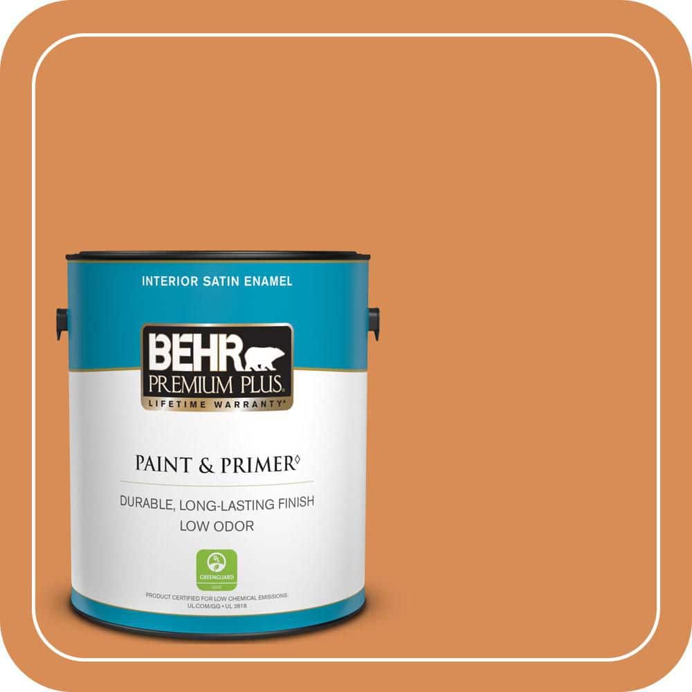 BEHR PREMIUM PLUS 1 gal. #PMD-80 Spiced Pumpkin Satin Enamel Low Odor Interior Paint & Primer