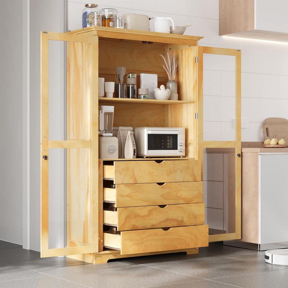 COWLOWN 44.7 in. W 20 in. D 75 in. H Brown Linen Cabinet Kitchen Pantry with Glass Doors and 4 Built-in Drawers (1)