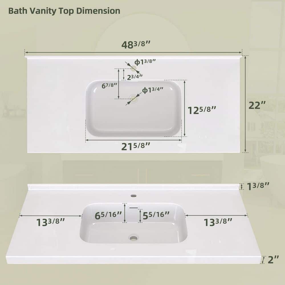 Getpro 48 in. W x 22 in D White Solid Surface Rectangular Single Sink Vanity Top With Backsplash&Basin for 48 in. Bath Cabinet (2)