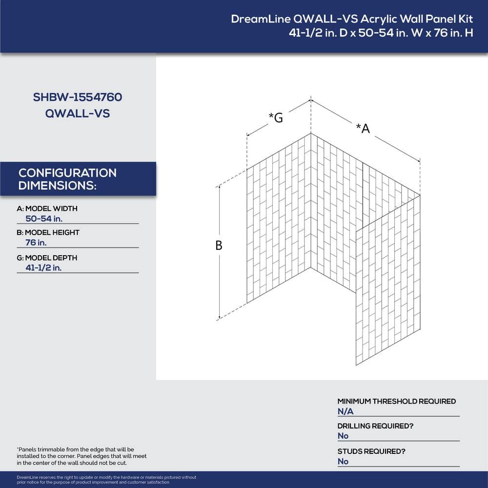 DreamLine QWALL-VS 54 in. W x 76 in. H x 41.5 in. D 4-Piece Glue-Up Acrylic Alcove Shower Backwalls in White (2)