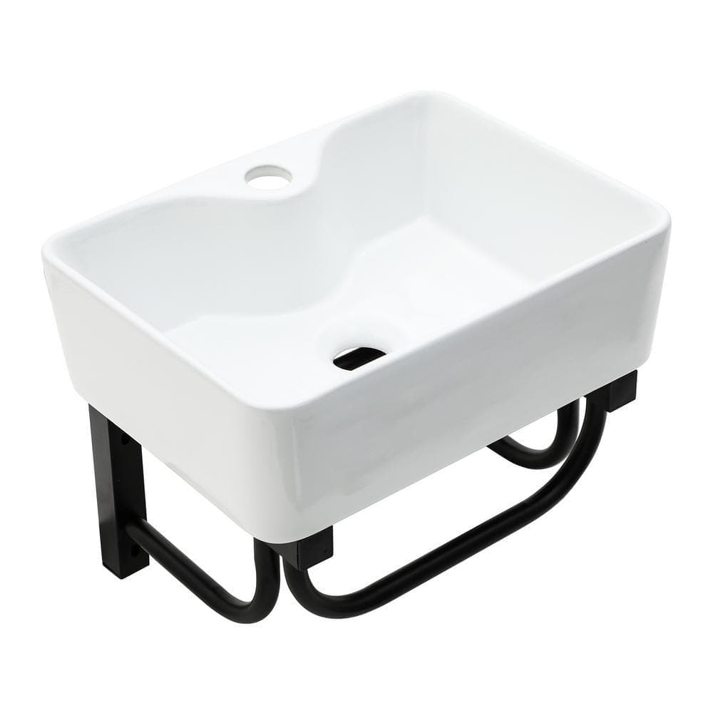 LORDEAR 16 in. White Wall Mount Rectangular Bathroom Ceramic Console Sink with Towel Rack Single Faucet Hole