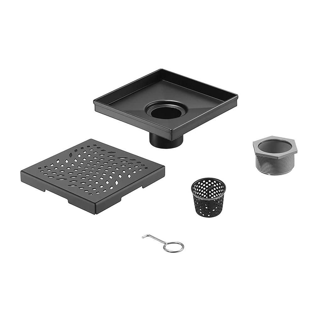 Elegante Drain Collection 4 in. Square Stainless Steel Shower Drain with Wave Pattern, Matte Black (1)