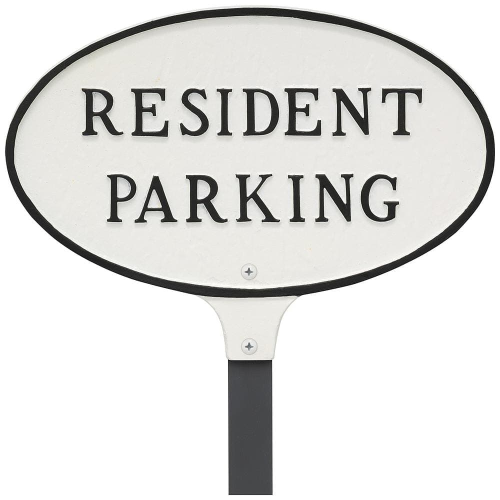 Montague Metal Products 6 in. x 10 in. Small Oval Resident Parking Statement Plaque Sign with 23 in. Lawn Stake - White/Black (1)