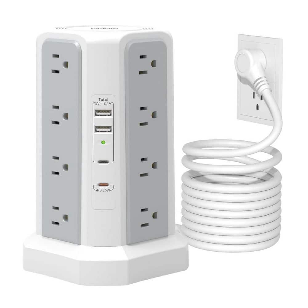 Lukyamzn 16-Outlet Power Strip Tower Surge Protector with 10 ft. Flat Plug Cord and 4 USB Ports (1 PD 20W) for Home Office, White (1)