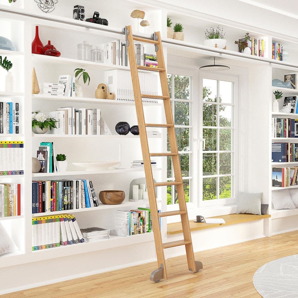 Quiet Glide 8.06 ft. Red Oak Ladder (9 ft. Reach) Satin Nickel Modern Rolling Hook Hardware 12 ft. Rail and Horizontal Brackets