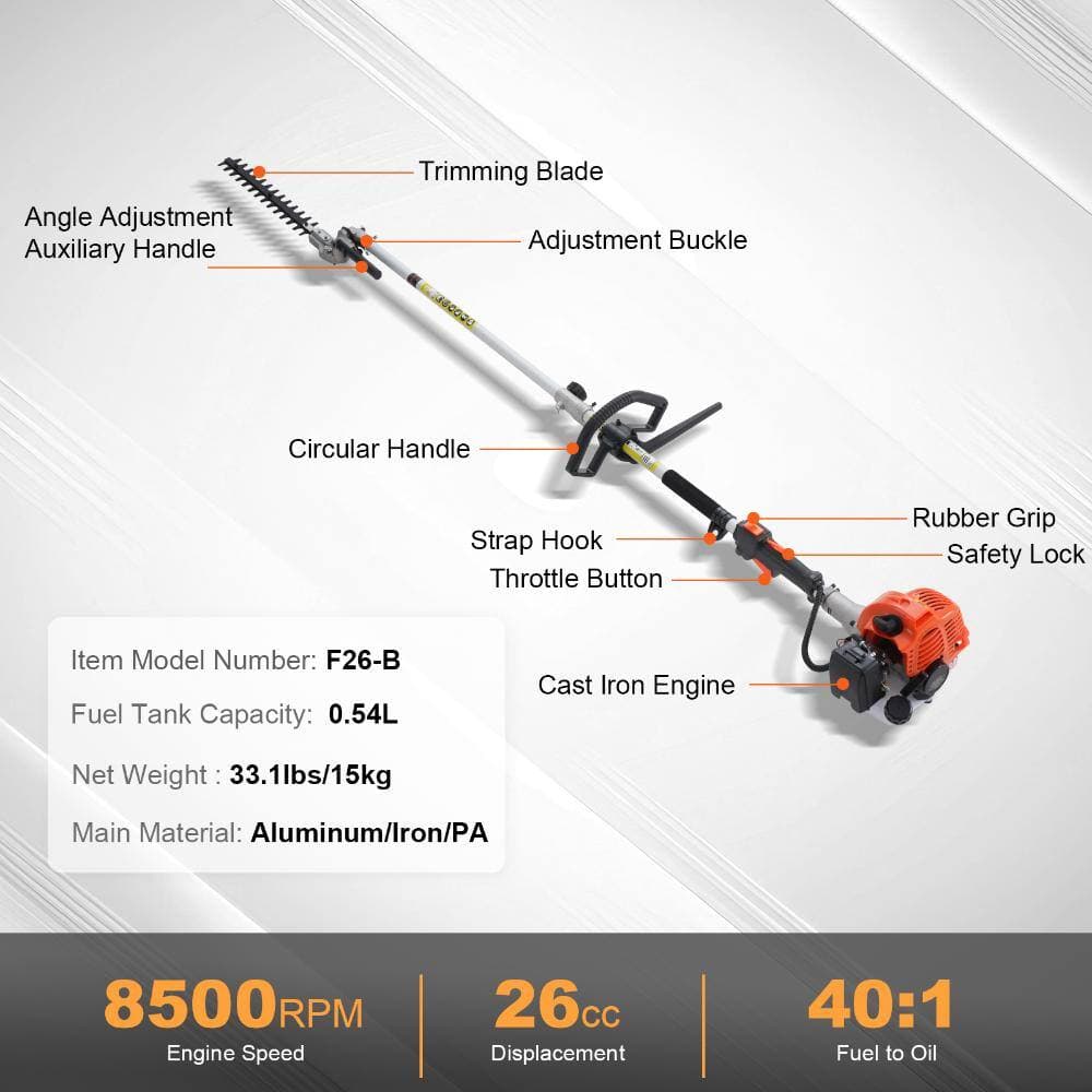 Flynama 26CC Gas Multi-Functional Trimming Tool, 6-in-1 Garden Tool with Extension Pole for Trimming, Cutting & Pruning (2)