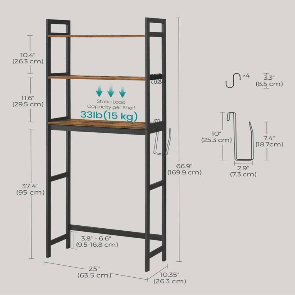 Whatseaso 25 in. W x 66.9 in. H x 10.35 in. D Brown Over The Toilet Storage with Adjustable Shelves and Hooks (2)